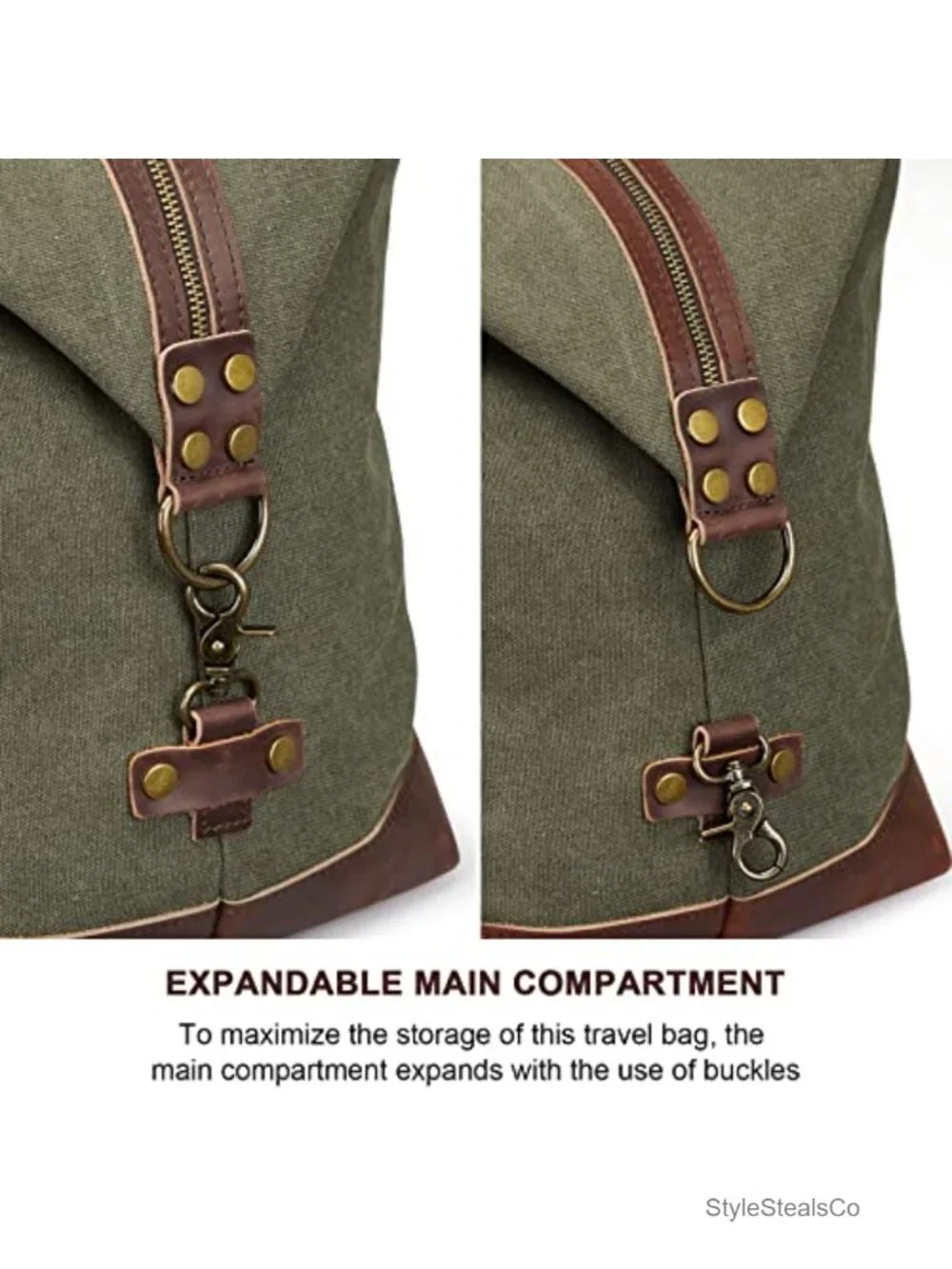 Canvas Duffle Bag with Genuine Leather Trim - Large Travel Weekender Carry On